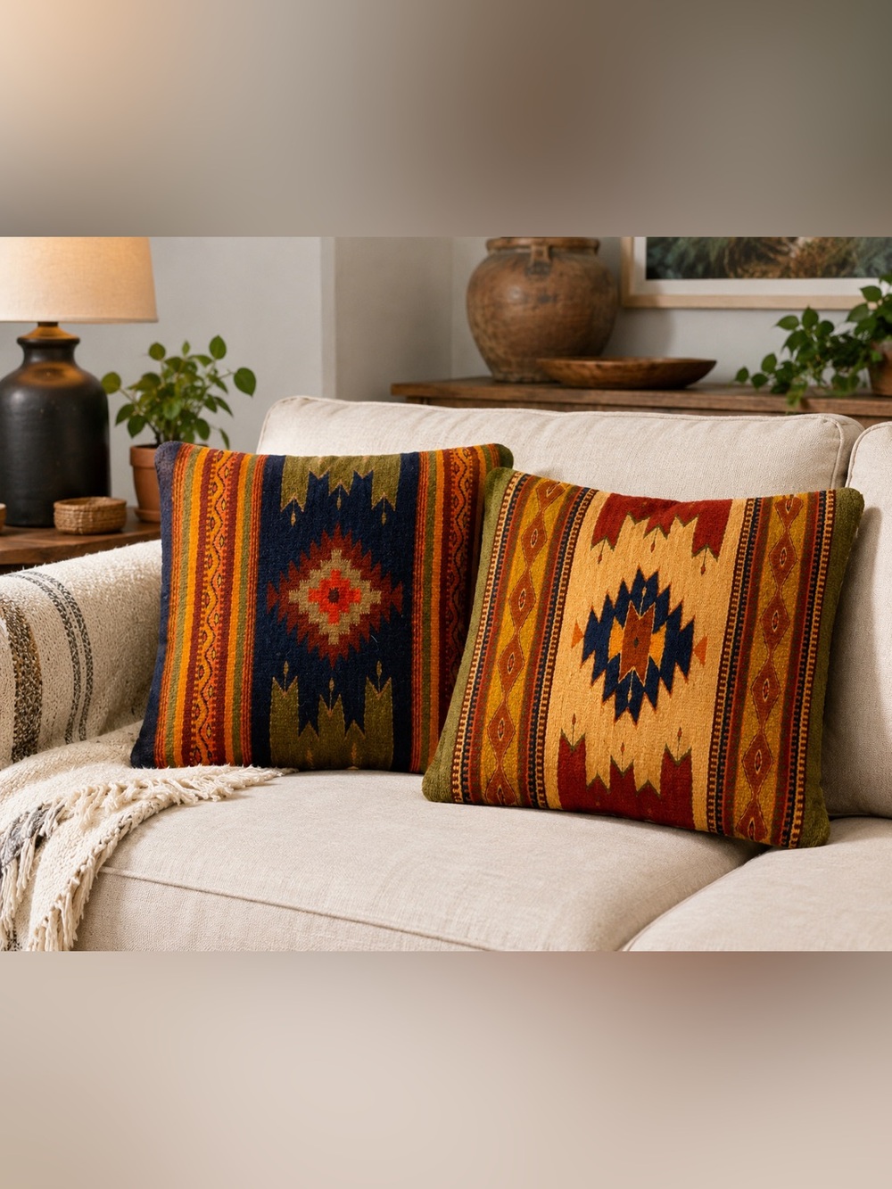 Vintage Handwoven Southwestern Wool Pillow Covers Set of 2 15x15